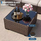 Ensemble de canapé d'angle d'extérieur en osier 7 pièces avec coussins lavables et table basse en verre pour terrasse, jardin et piscine