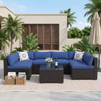 Ensemble de canapé d'angle d'extérieur en osier 7 pièces avec coussins lavables et table basse en verre pour terrasse, jardin et piscine