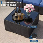 Ensemble de canapé d'angle d'extérieur en osier 7 pièces avec coussins lavables et table basse en verre pour terrasse, jardin et piscine