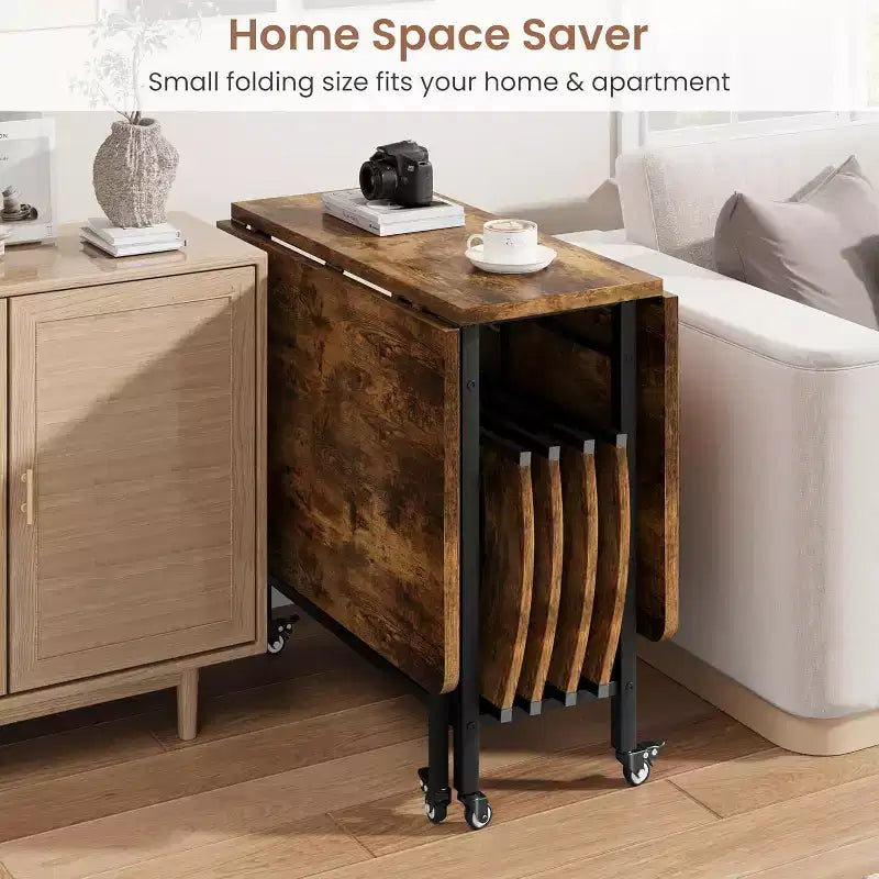 47 Ensemble de salle à manger pliant 5 pièces de style ferme pour 4 personnes - Table pliante en bois sur roulettes et 4 chaises pliantes - Cadre en acier robuste, peu encombrant pour appartement