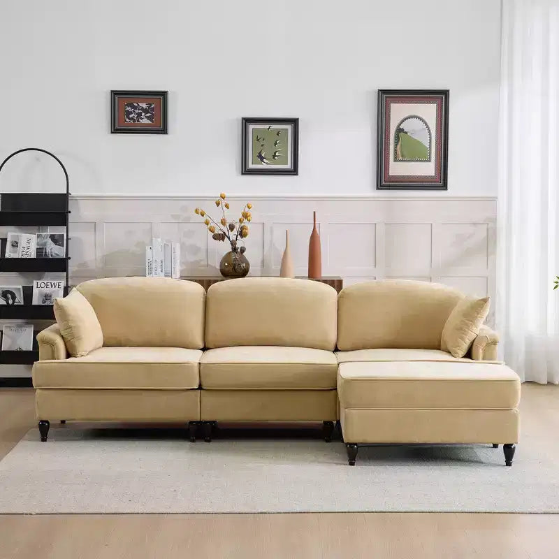 Canapé sectionnel GDFStudio Hiroto moderne 4 pièces en bois et tissu chenille avec jupe plissée amovible à volants et accoudoirs évasés