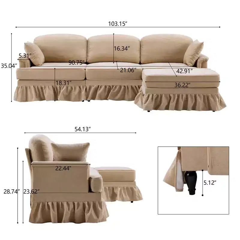 Canapé sectionnel GDFStudio Hiroto moderne 4 pièces en bois et tissu chenille avec jupe plissée amovible à volants et accoudoirs évasés