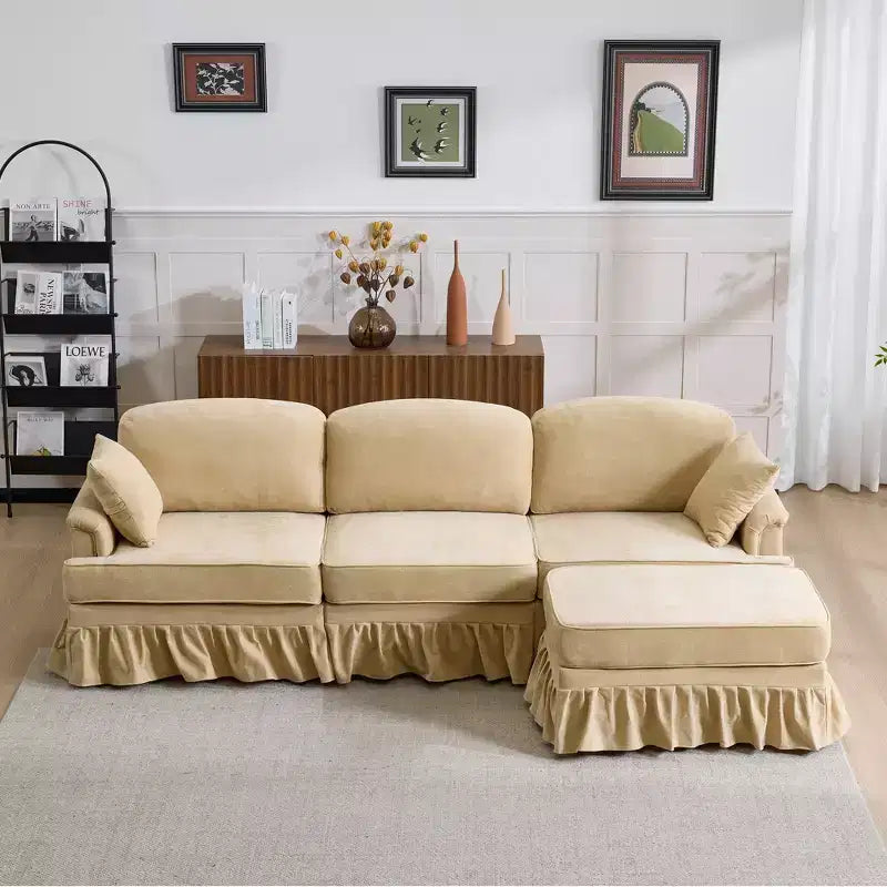 Canapé sectionnel GDFStudio Hiroto moderne 4 pièces en bois et tissu chenille avec jupe plissée amovible à volants et accoudoirs évasés