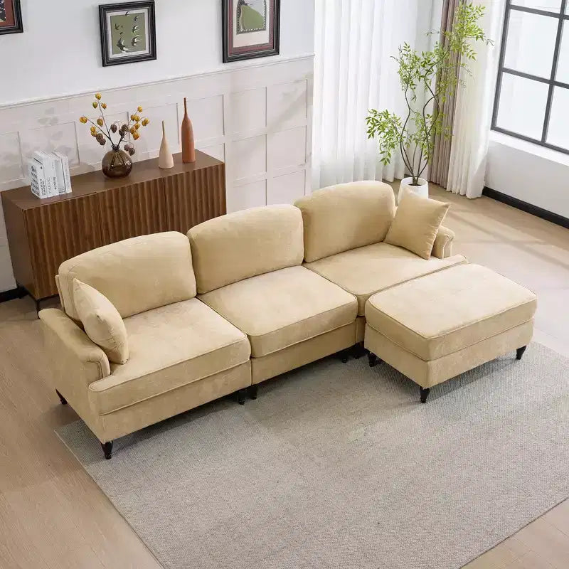 Canapé sectionnel GDFStudio Hiroto moderne 4 pièces en bois et tissu chenille avec jupe plissée amovible à volants et accoudoirs évasés