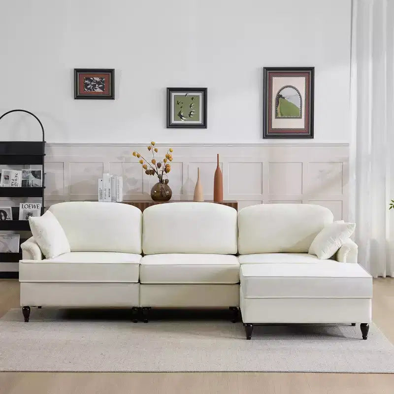 Canapé sectionnel GDFStudio Hiroto moderne 4 pièces en bois et tissu chenille avec jupe plissée amovible à volants et accoudoirs évasés