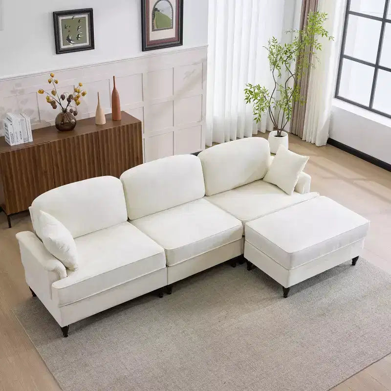 Canapé sectionnel GDFStudio Hiroto moderne 4 pièces en bois et tissu chenille avec jupe plissée amovible à volants et accoudoirs évasés