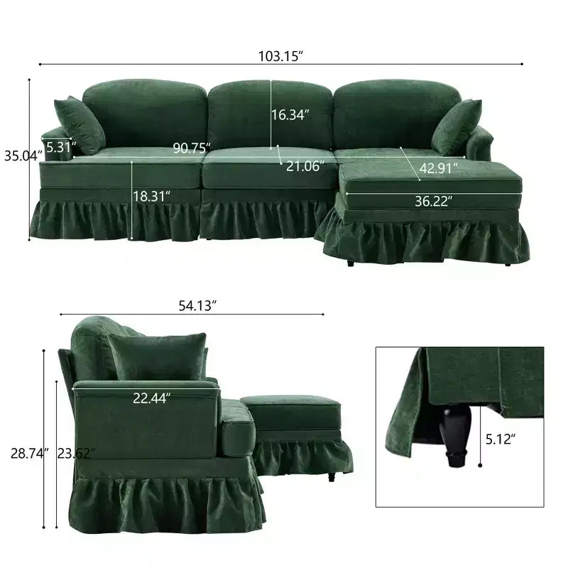 Canapé sectionnel GDFStudio Hiroto moderne 4 pièces en bois et tissu chenille avec jupe plissée amovible à volants et accoudoirs évasés