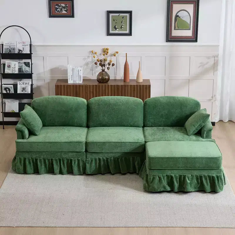 Canapé sectionnel GDFStudio Hiroto moderne 4 pièces en bois et tissu chenille avec jupe plissée amovible à volants et accoudoirs évasés