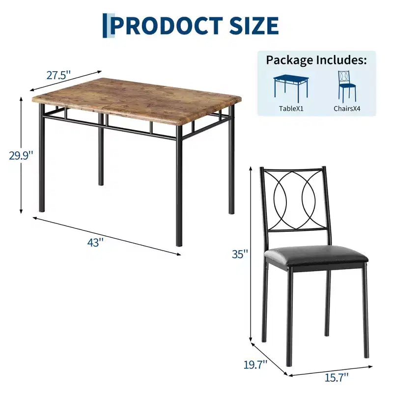 Ensemble table de salle à manger de ferme pour 4 avec 4 chaises rembourrées, table de cuisine en bois robuste, meubles de salle à manger compacts pour appartement