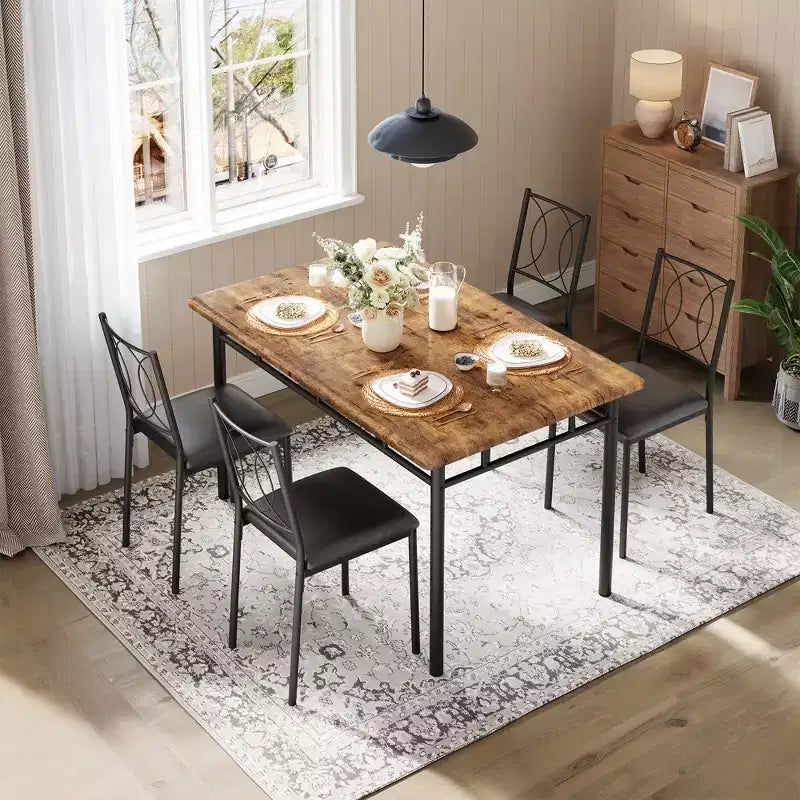 Ensemble table de salle à manger de ferme pour 4 avec 4 chaises rembourrées, table de cuisine en bois robuste, meubles de salle à manger compacts pour appartement