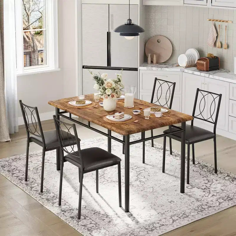 Farmhouse Dining Table Set for 4 with 4 Upholstered Chairs,Sturdy Wood KitchenTable, Space-Saving Apartment Dining Furniture