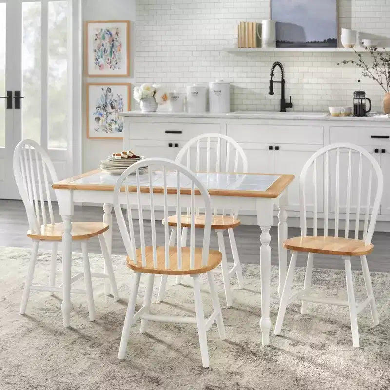 Ensemble de salle à manger rectangulaire 5 pièces Buylateral Tara Farmhouse avec plateau en carrelage et chaises à fuseaux Blanc/Naturel