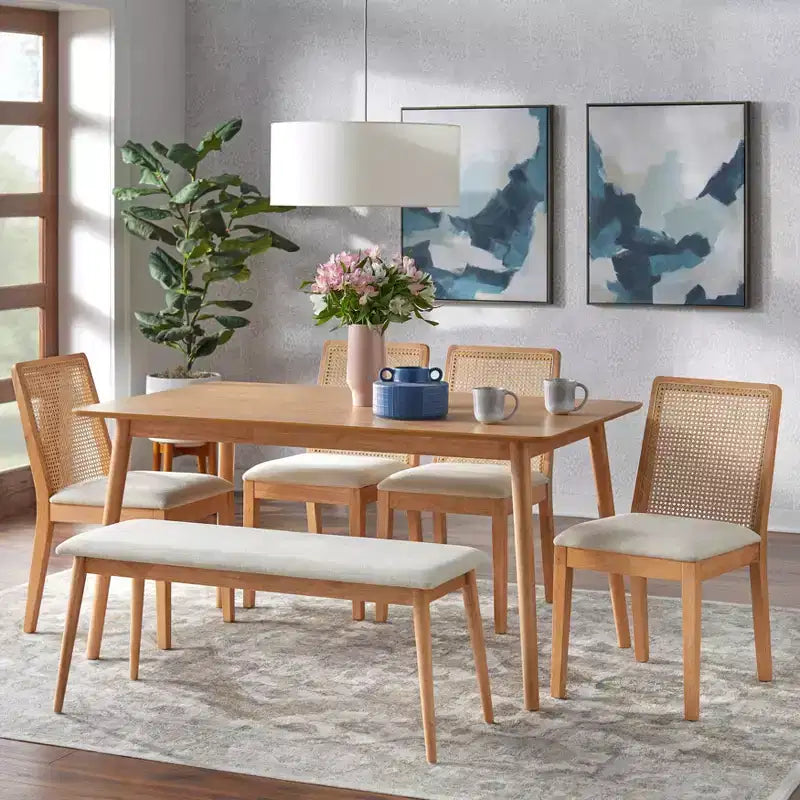 Ensemble de salle à manger 6 pièces Newington en rotin avec banc, chêne clair/beige, par Buylateral