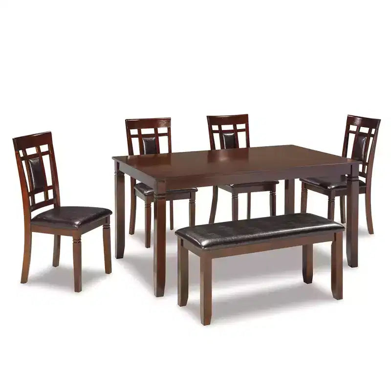 Signature Design by Ashley Bennox Dining Table Set Brown: 6-Piece Modern Rectangular Non-Extension Set with Bench & Upholstered Chairs