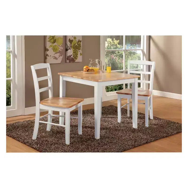 Table à manger 3 pièces avec 2 chaises à barreaux dossier échelle Blanc/Naturel – International Concepts : Bois massif, Carrée, Non-extensible