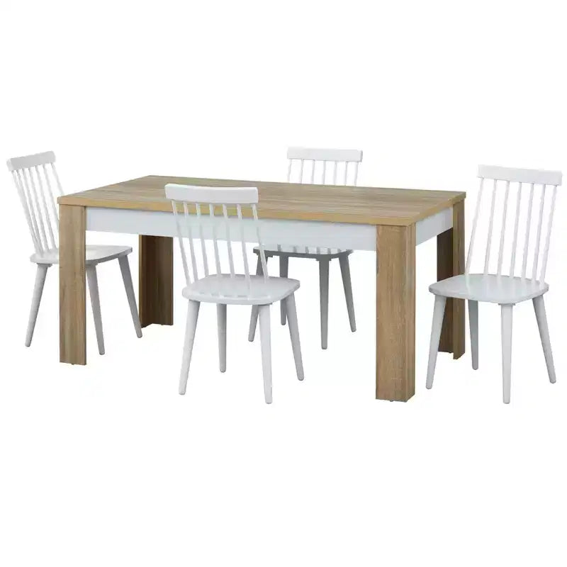 Buylateral 5pc Ericson Modern Dining Set Natural/White: Rectangle Table, 4 Spindle Back Chairs