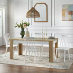 Ensemble de salle à manger moderne 5 pièces Ericson Buylateral blanc/naturel : table rectangulaire, 4 chaises à dossier fuseau