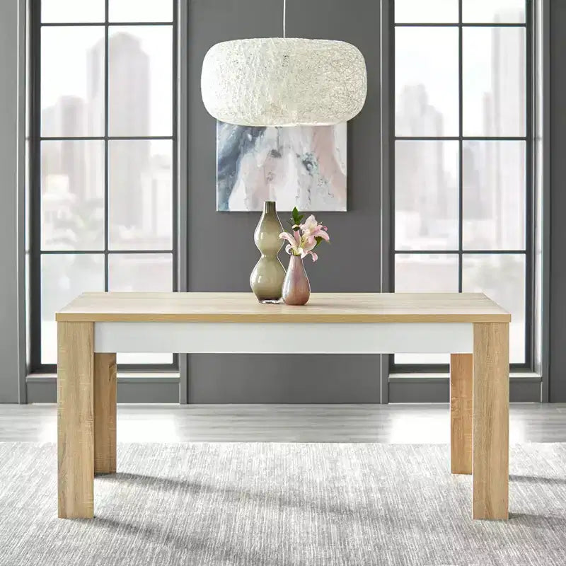 Ensemble de salle à manger moderne 5 pièces Ericson Buylateral blanc/naturel : table rectangulaire, 4 chaises à dossier fuseau