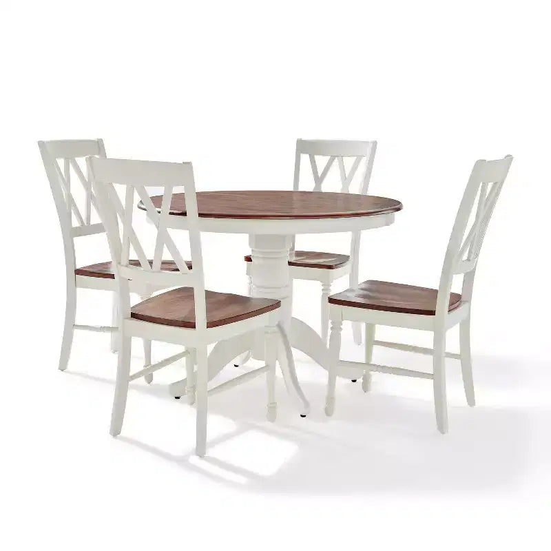 5pc Shelby Round Dining Set with 4 Chairs Distressed White - Crosley: Classic Pedestal, Farmhouse Style