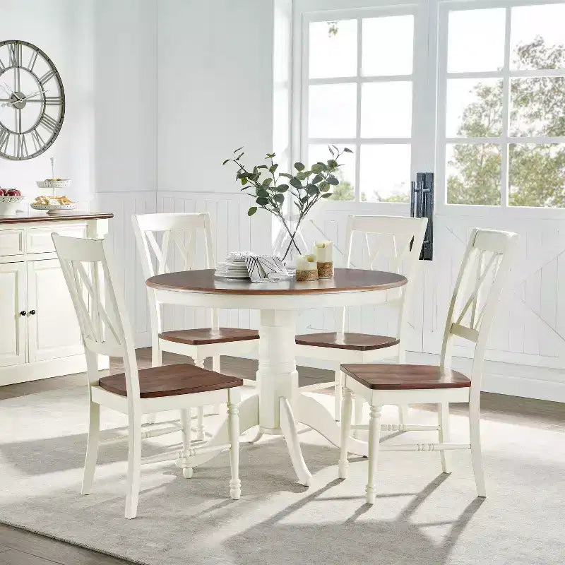 Ensemble de salle à manger rond Shelby 5 pièces avec 4 chaises blanc vieilli - Crosley : Piedestal classique, style ferme