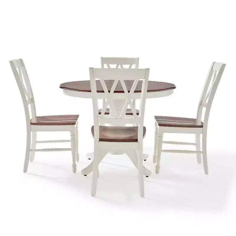 Ensemble de salle à manger rond Shelby 5 pièces avec 4 chaises blanc vieilli - Crosley : Piedestal classique, style ferme