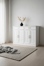 Buffet Blanc - Étagères réglables, Rangement, 4 Portes, 2 Tiroirs, Salle à manger, Style traditionnel