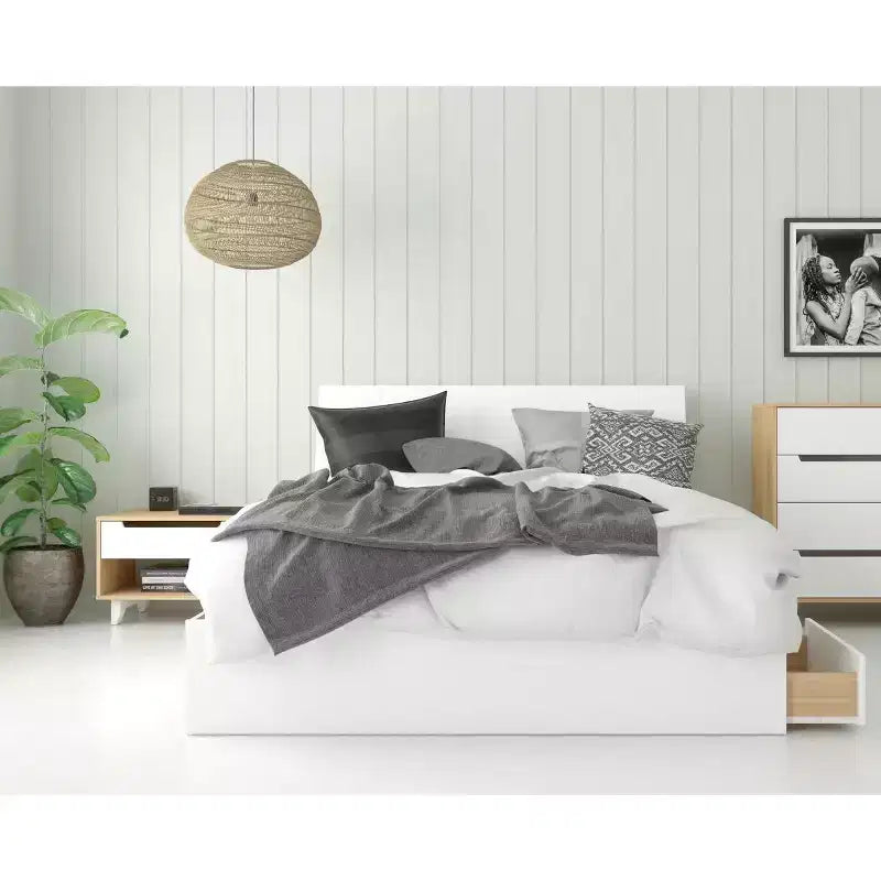Queen 3pc Radiance Platform Bed Bundle Natural Maple/White- Nexera: Modern Style, 1 Nightstand, No Box Spring Needed