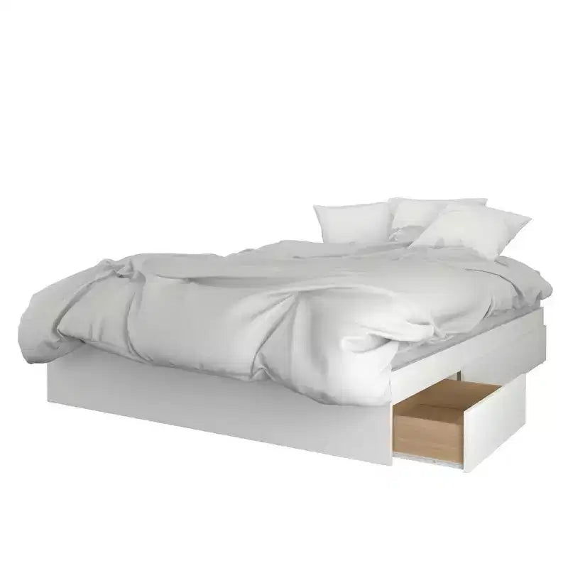 Ensemble de lit plateforme 3 pièces Queen Radiance Érable naturel/Blanc – Nexera : Style moderne, 1 table de chevet, pas besoin de sommier
