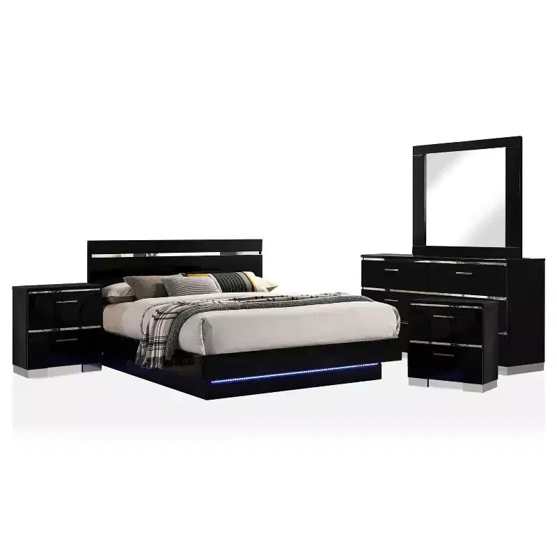 5pc Eastern King Cavatao Bedroom Set with Led Light Black/Chrome - miBasics: Modern Furniture, Chrome Accents