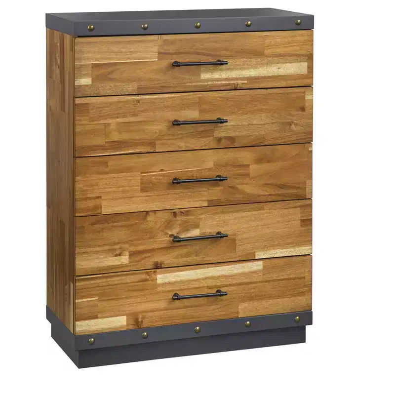 Commode 5 tiroirs marron - Style ferme moderne, Bois d'hévéa massif, placage acacia, 120 cm de hauteur