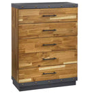 Commode 5 tiroirs marron - Style ferme moderne, Bois d'hévéa massif, placage acacia, 120 cm de hauteur