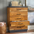 Commode 5 tiroirs marron - Style ferme moderne, Bois d'hévéa massif, placage acacia, 120 cm de hauteur