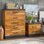 Commode 5 tiroirs marron - Style ferme moderne, Bois d'hévéa massif, placage acacia, 120 cm de hauteur
