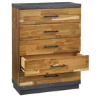 Commode 5 tiroirs marron - Style ferme moderne, Bois d'hévéa massif, placage acacia, 120 cm de hauteur