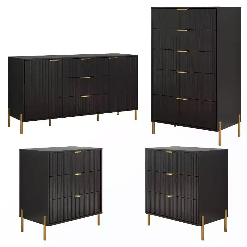 Festivo 4pc Modern Elegance Bedremm Chest and Dresser and 3 Drawer Nightstands Set Black