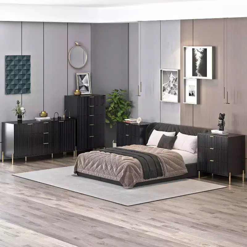Ensemble de 4 pièces Festivo Modern Elegance : commode, chiffonnier et 2 tables de chevet à 3 tiroirs, noir
