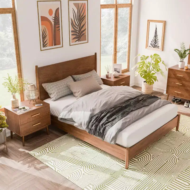 HOMES: Inside + Out Ensemble chambre à coucher 3 pièces avec lit plateforme Neovesi Queen et 2 tables de chevet chêne style bohème