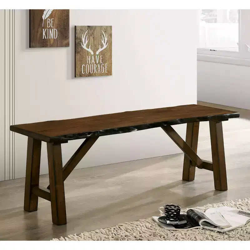 24/7 Shop At Home Lyoth Bench with Live Edge Wooden Seat Walnut: Rustic Farmhouse Style, Trestle Base, 300 lb Capacity