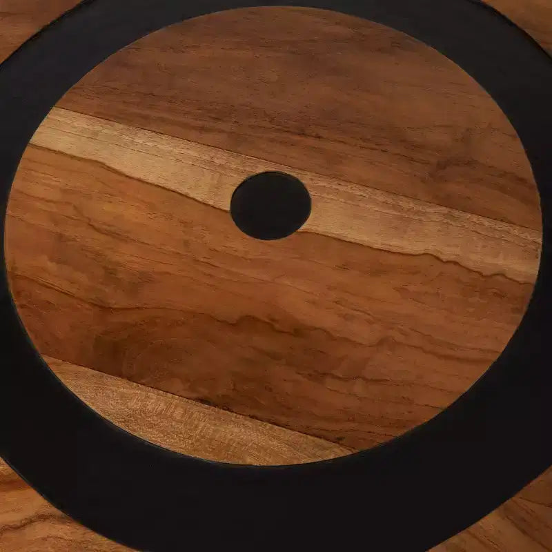 Table d'appoint ronde superposée géométrique en bois de teck : Aucun assemblage requis, utilisation intérieure, style moderne