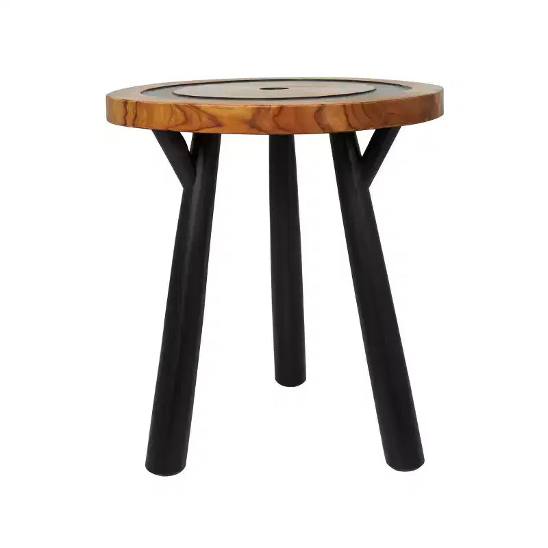 Table d'appoint ronde superposée géométrique en bois de teck : Aucun assemblage requis, utilisation intérieure, style moderne