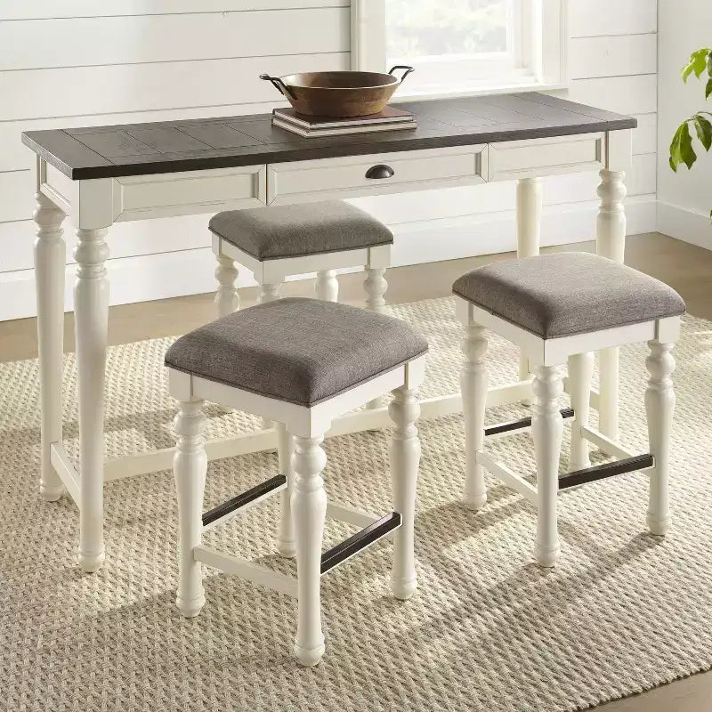 Ensemble table et 4 tabourets de bar Joanna, ivoire/mocha - Steve Silver Co. : style ferme, tabourets aspect lin, tiroir de rangement