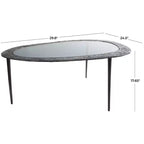 Table basse ovale en aluminium avec plateau en verre teinté et gravures noire : Intérieur, entièrement assemblée