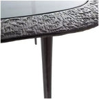 Table basse ovale en aluminium avec plateau en verre teinté et gravures noire : Intérieur, entièrement assemblée