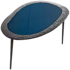 Table basse ovale en aluminium avec plateau en verre teinté et gravures noire : Intérieur, entièrement assemblée