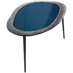 Table basse ovale en aluminium avec plateau en verre teinté et gravures noire : Intérieur, entièrement assemblée