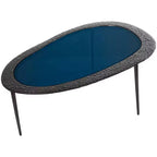 Table basse ovale en aluminium avec plateau en verre teinté et gravures noire : Intérieur, entièrement assemblée