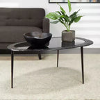 Table basse ovale en aluminium avec plateau en verre teinté et gravures noire : Intérieur, entièrement assemblée