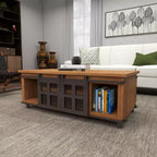 Table Basse Industrielle en Bois Marron Rustique avec 2 Étagères, Tiroir Caché et Porte Coulissante en Métal
