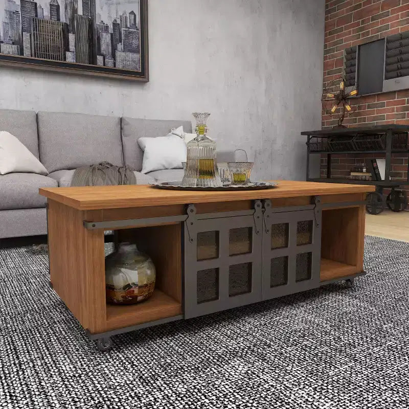Table Basse Industrielle en Bois Marron Rustique avec 2 Étagères, Tiroir Caché et Porte Coulissante en Métal