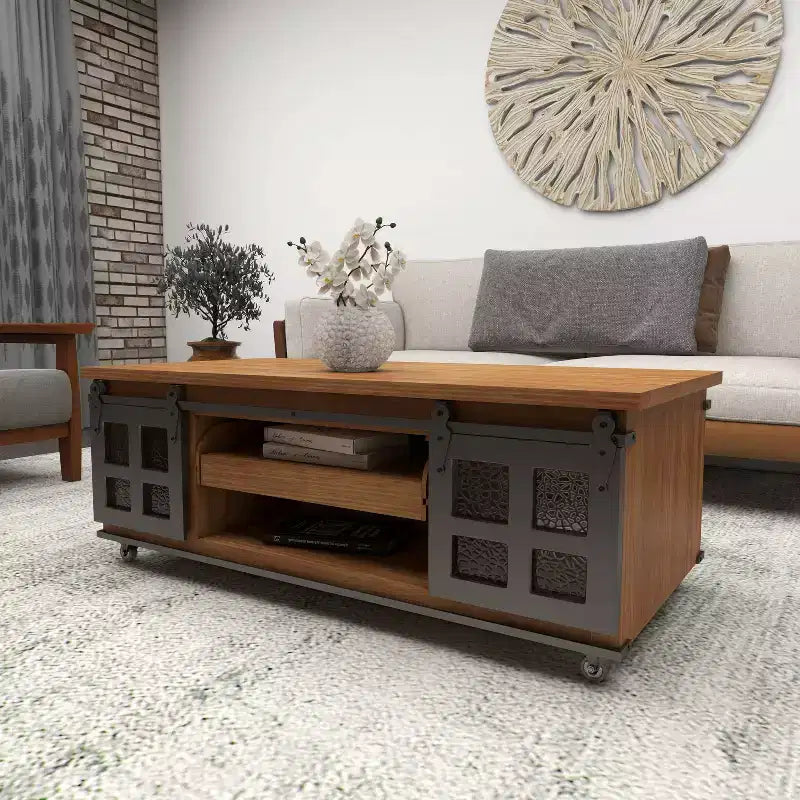 Table Basse Industrielle en Bois Marron Rustique avec 2 Étagères, Tiroir Caché et Porte Coulissante en Métal